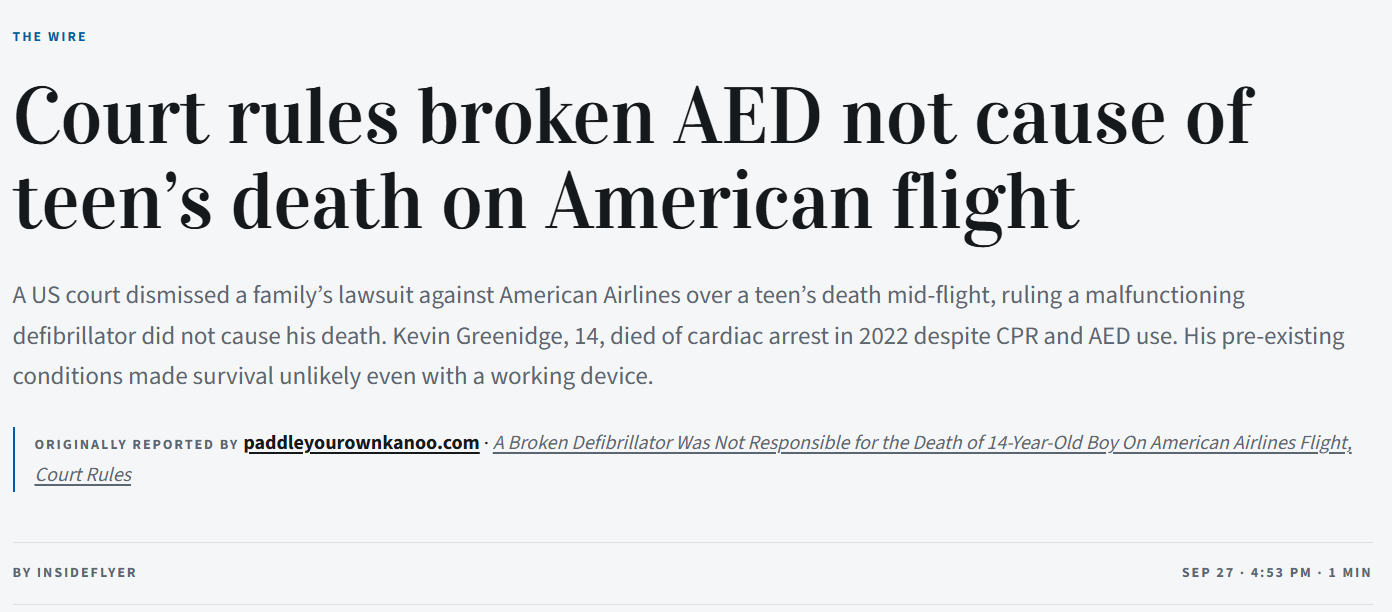 Court rules broken AED not cause of teen’s death on American flight